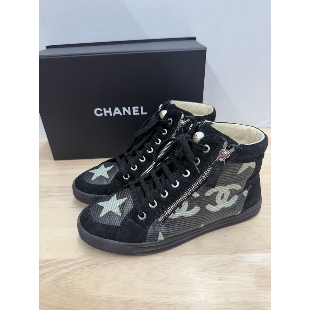 CHANEL Paris Dallas CC Star Double Zip High Top Sneakers Shoes Black Women's 38